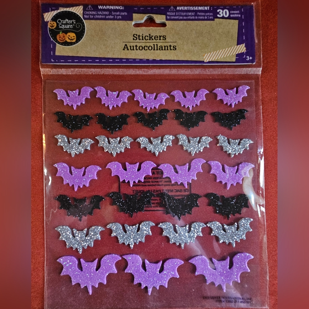 Halloween Bat Glitter Stickers | 30 Count | Purple, Black & Silver | NEW